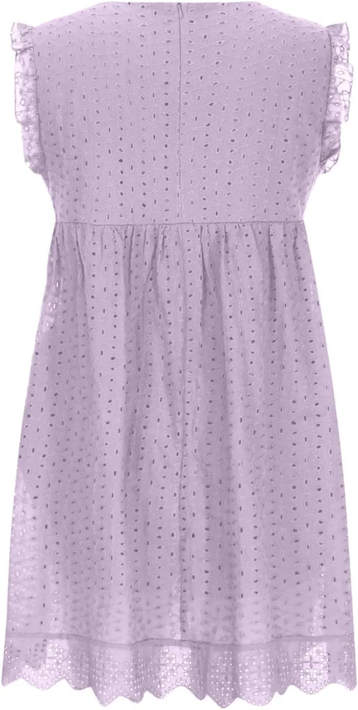 Women's Ruffle Sleeve Mini Dress Summer V Neck Hollow Out Eyelet Embroidery Pleated A Line Swing Short Dresses