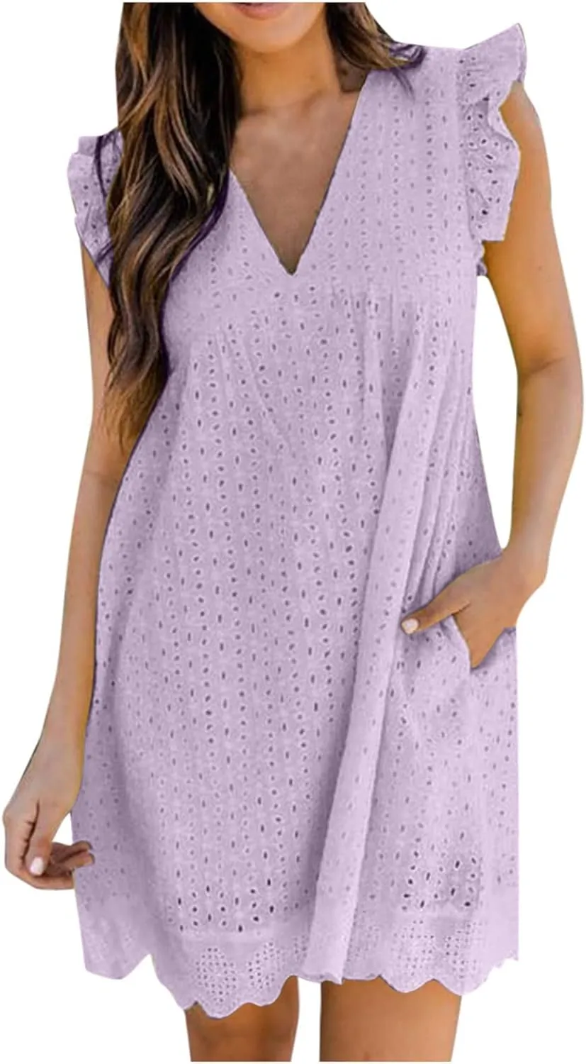 Women's Ruffle Sleeve Mini Dress Summer V Neck Hollow Out Eyelet Embroidery Pleated A Line Swing Short Dresses