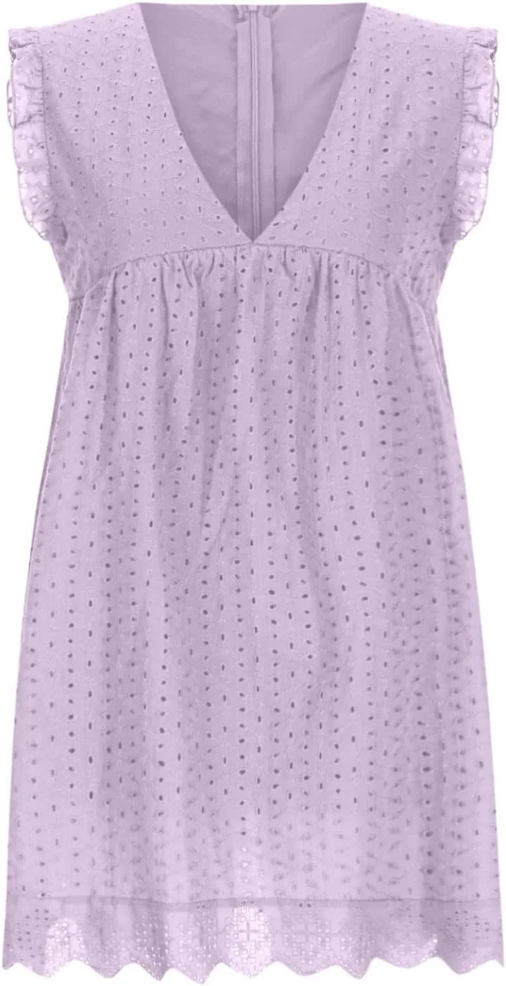 Women's Ruffle Sleeve Mini Dress Summer V Neck Hollow Out Eyelet Embroidery Pleated A Line Swing Short Dresses