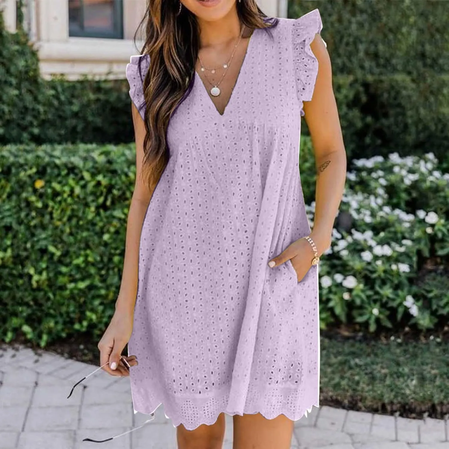 Women's Ruffle Sleeve Mini Dress Summer V Neck Hollow Out Eyelet Embroidery Pleated A Line Swing Short Dresses