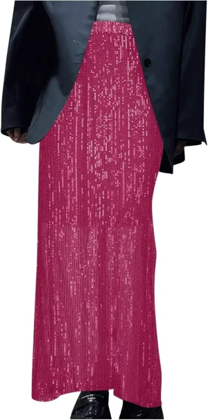 Women's Sequin Skirt for Party Shiny Sparkly A Line Swing Midi Skirt Elastic Wasit Stretch Long Skirts Sparkle Skirt