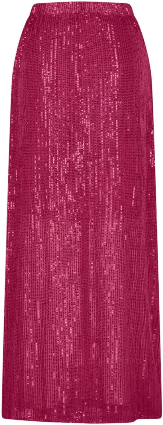 Women's Sequin Skirt for Party Shiny Sparkly A Line Swing Midi Skirt Elastic Wasit Stretch Long Skirts Sparkle Skirt