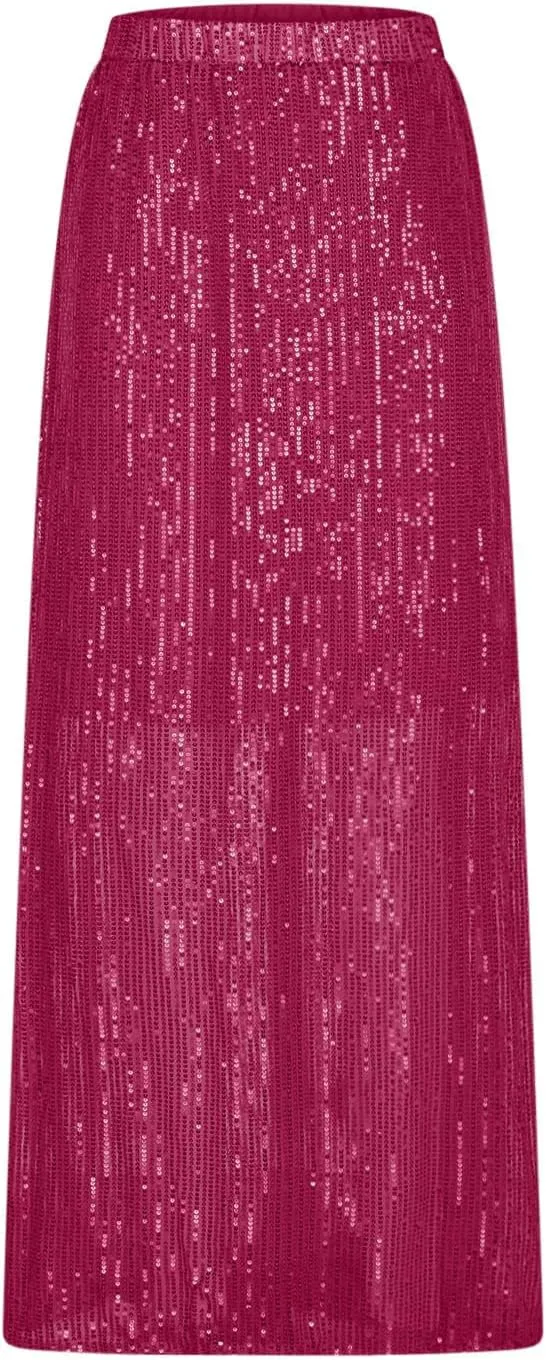 Women's Sequin Skirt for Party Shiny Sparkly A Line Swing Midi Skirt Elastic Wasit Stretch Long Skirts Sparkle Skirt
