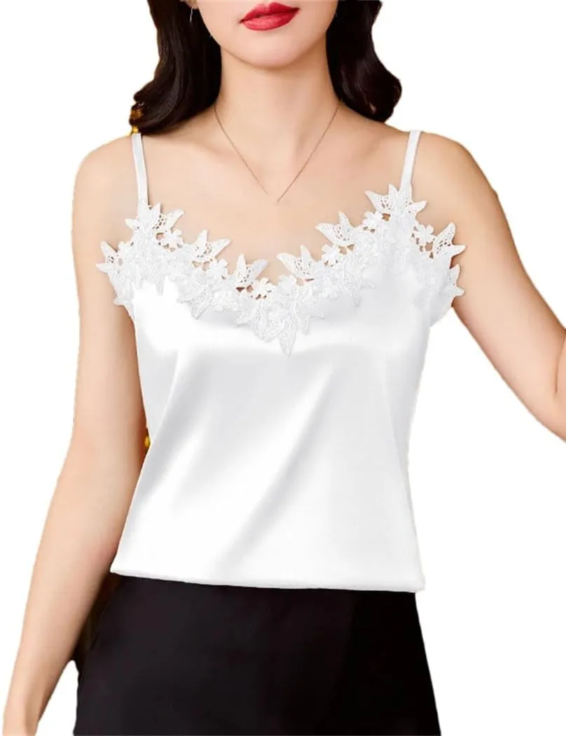 Women's Silk Satin Camisole 2025 Spring Summer Backless Tank Top Lace Flowers Sleeveless Shirt