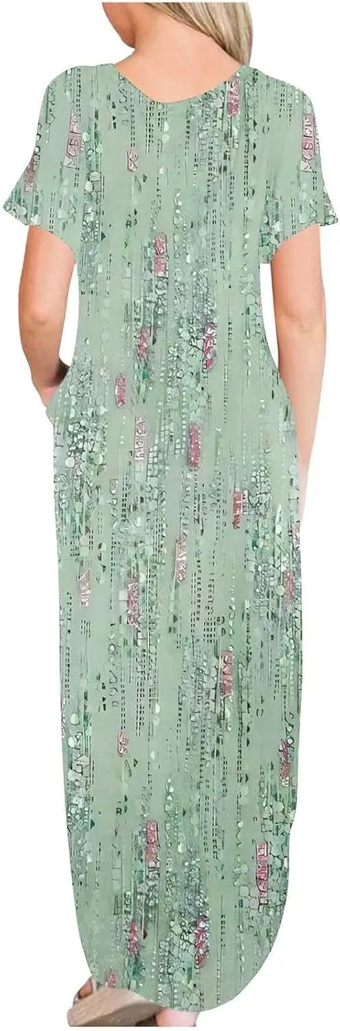 Womens Split Boho Floral Maxi Dresses Short Sleeve Casual Pocket Long Dress 2025 Summer Loose Flowy Beach Sundress