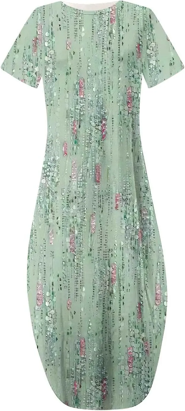 Womens Split Boho Floral Maxi Dresses Short Sleeve Casual Pocket Long Dress 2025 Summer Loose Flowy Beach Sundress