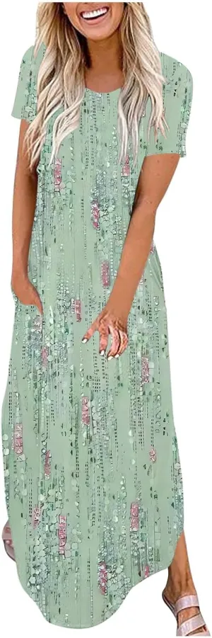 Womens Split Boho Floral Maxi Dresses Short Sleeve Casual Pocket Long Dress 2025 Summer Loose Flowy Beach Sundress