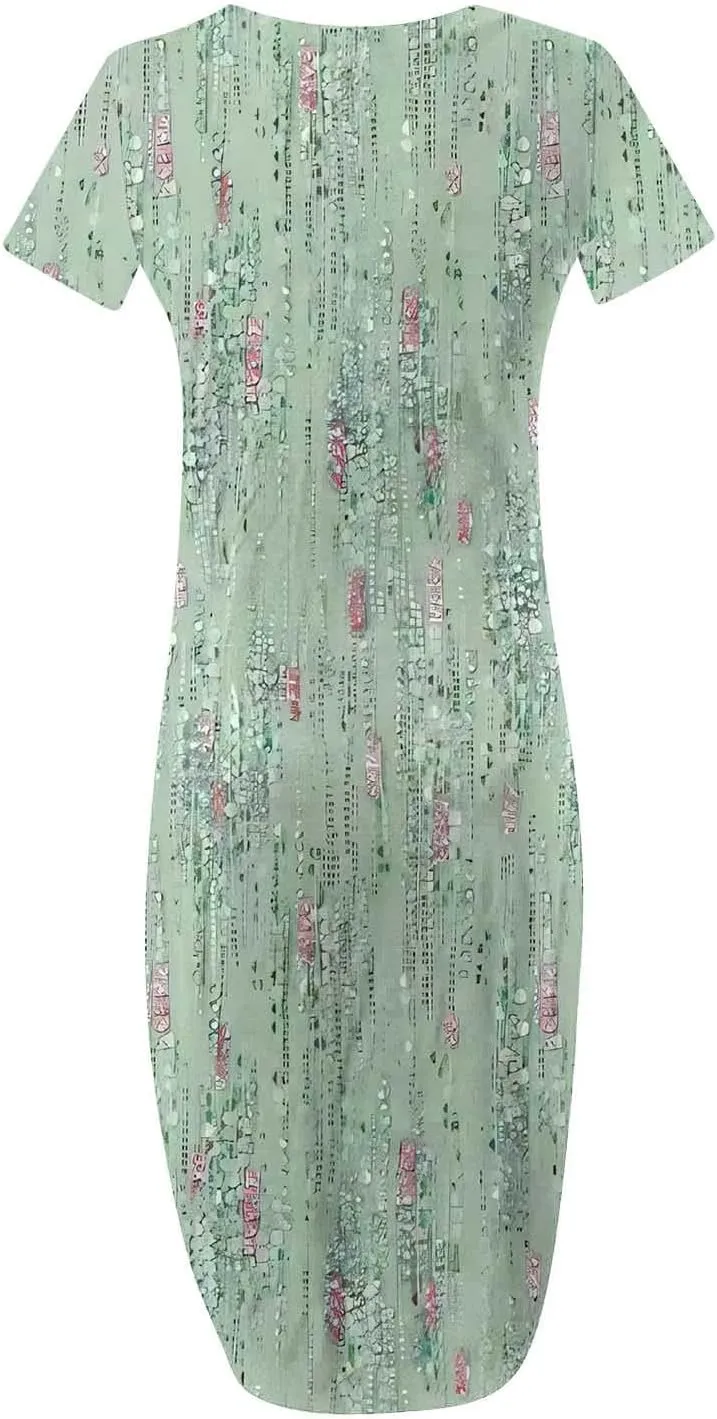 Womens Split Boho Floral Maxi Dresses Short Sleeve Casual Pocket Long Dress 2025 Summer Loose Flowy Beach Sundress