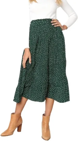 Womens Summer Boho Elastic Waist Pleated Midi Skirt Elegant Long Maxi A-Line Midi Skirts with Pocket