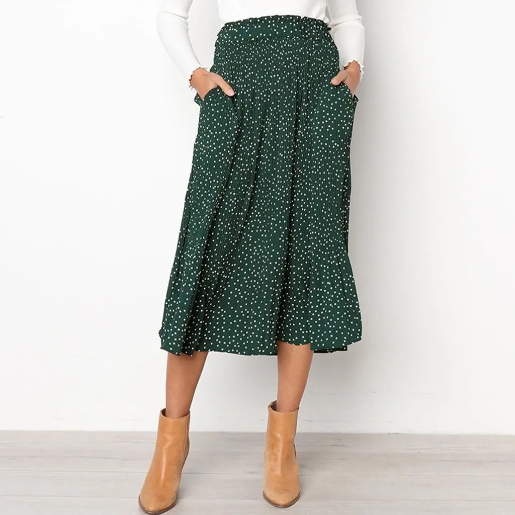 Womens Summer Boho Elastic Waist Pleated Midi Skirt Elegant Long Maxi A-Line Midi Skirts with Pocket