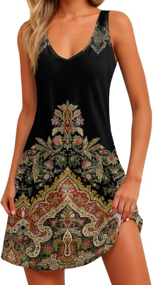 Women's Summer Casual Sundress Cute Tank Dresses Boho Beach Vacation V Neck Loose Dress with Pockets 2025 S-3XL