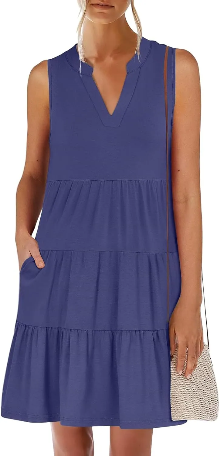 Women's Summer Casual V Neck Dress with Pocket Cute Sleeveless High Waist A-line Sundress Midi Dresses 2025