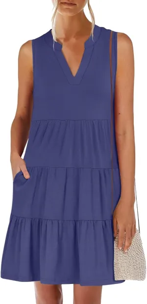 Women's Summer Casual V Neck Dress with Pocket Cute Sleeveless High Waist A-line Sundress Midi Dresses 2025