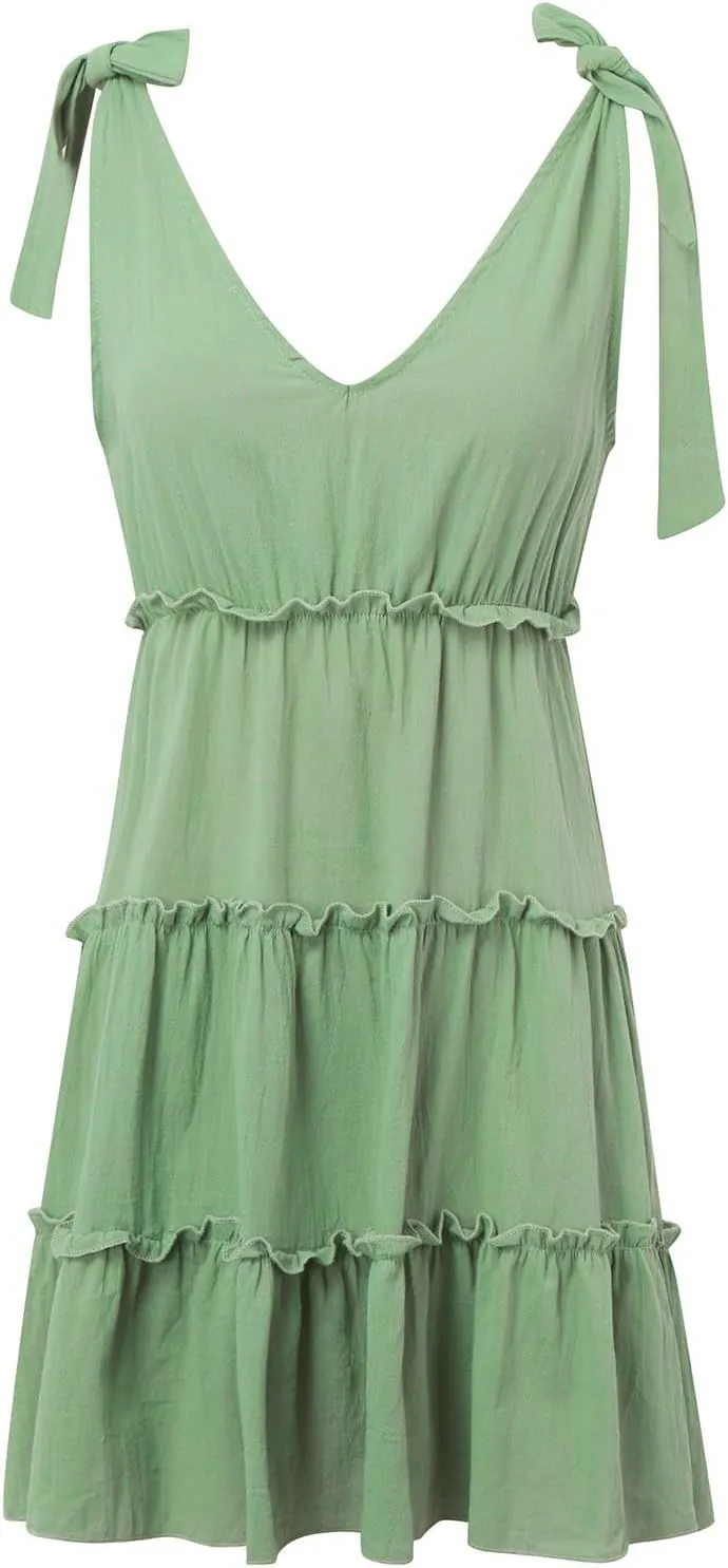 Womens Summer Casual V Neck Sleeveless Mini Dress Tie Shoulder Tiered Ruffle Swing A Line 2025 Trendy Short Sundresses