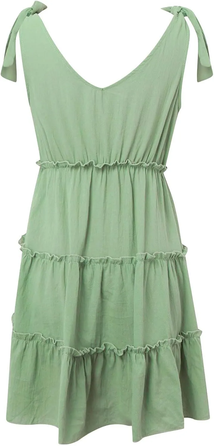 Womens Summer Casual V Neck Sleeveless Mini Dress Tie Shoulder Tiered Ruffle Swing A Line 2025 Trendy Short Sundresses