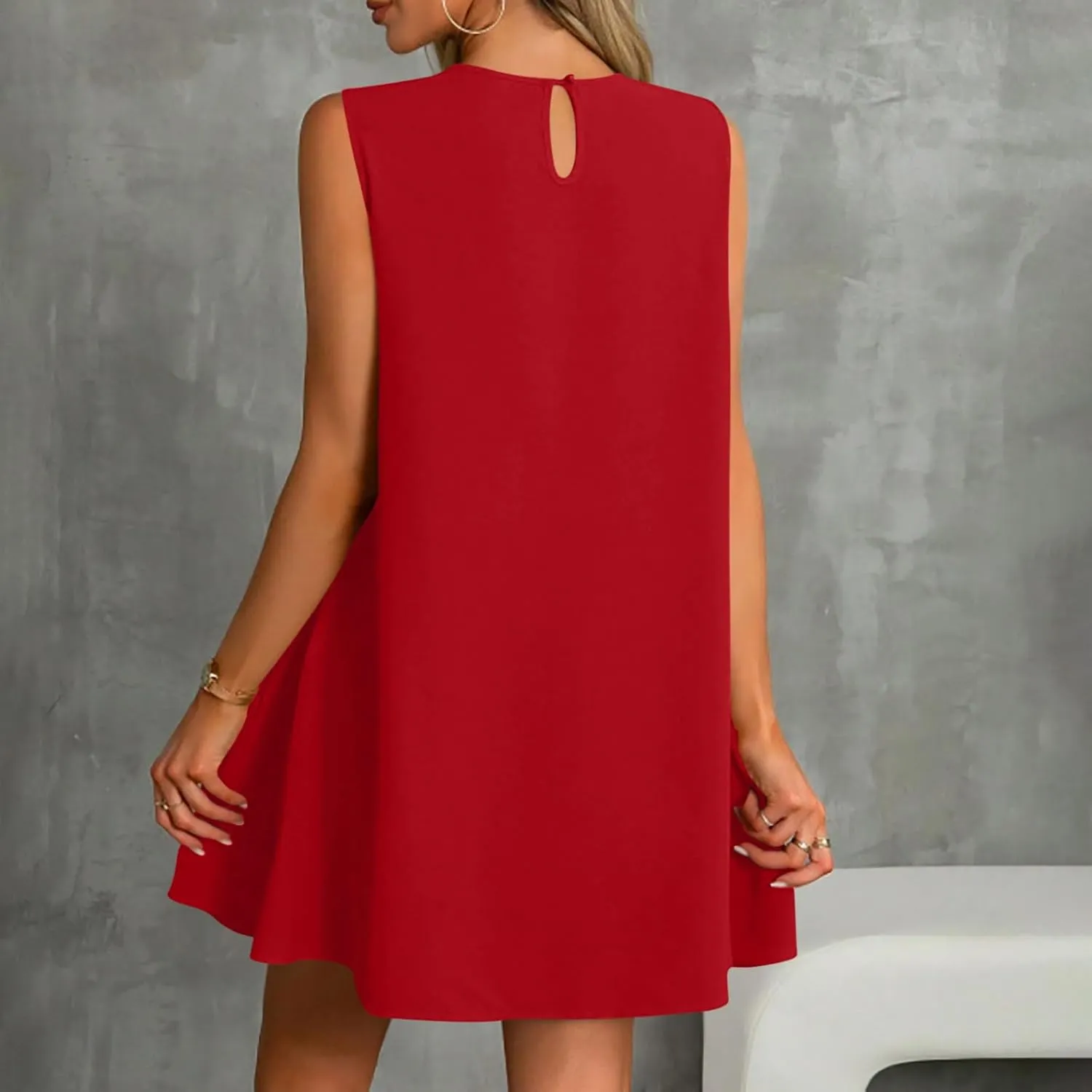 Womens Summer Dresses 2025 Casual Sleeveless Solid Color Dress Vacation Loose Round Neck Pleated Beach Sundress