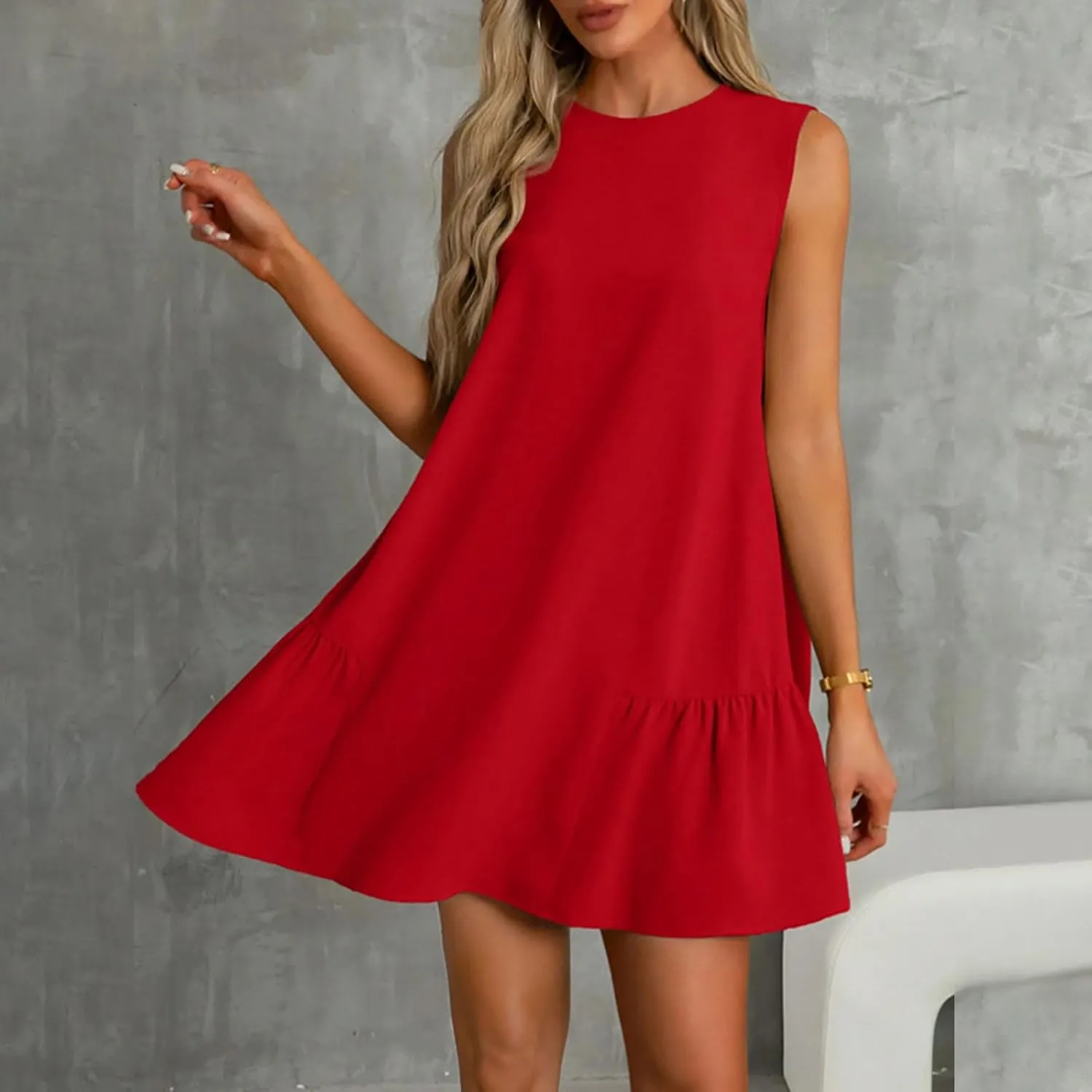 Womens Summer Dresses 2025 Casual Sleeveless Solid Color Dress Vacation Loose Round Neck Pleated Beach Sundress