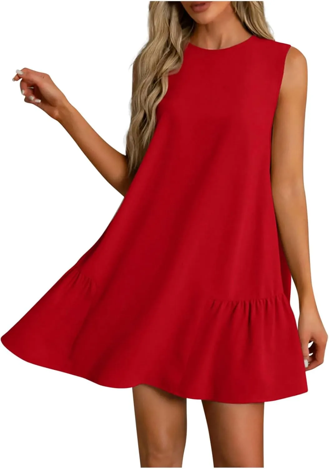 Womens Summer Dresses 2025 Casual Sleeveless Solid Color Dress Vacation Loose Round Neck Pleated Beach Sundress