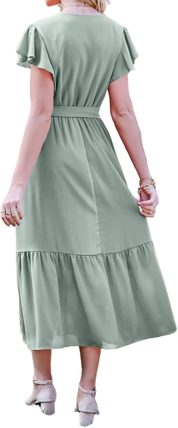 Women's Summer Floral Boho Dress Casual Wrap V Neck Ruffle Cap Sleeve Dress A-Line Flowy Belted Dresses Beach Dresses