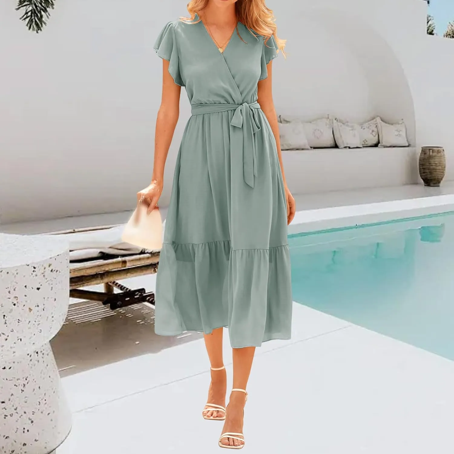 Women's Summer Floral Boho Dress Casual Wrap V Neck Ruffle Cap Sleeve Dress A-Line Flowy Belted Dresses Beach Dresses
