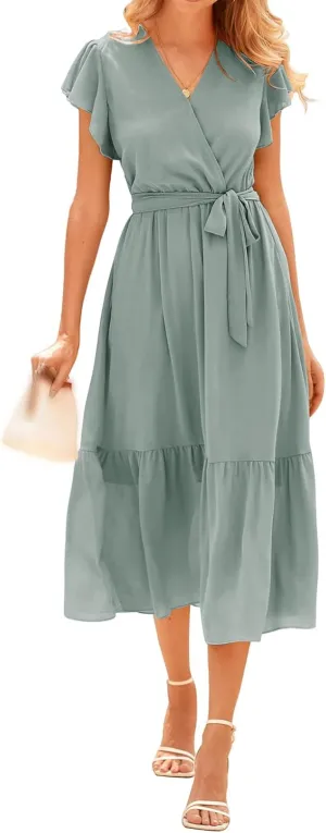 Women's Summer Floral Boho Dress Casual Wrap V Neck Ruffle Cap Sleeve Dress A-Line Flowy Belted Dresses Beach Dresses