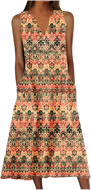 Women's Summer Maxi Dress Vintage Floral Print Graphic Long Dresses V Neck Sleeveless Flowy Swing Casual Beach Dress
