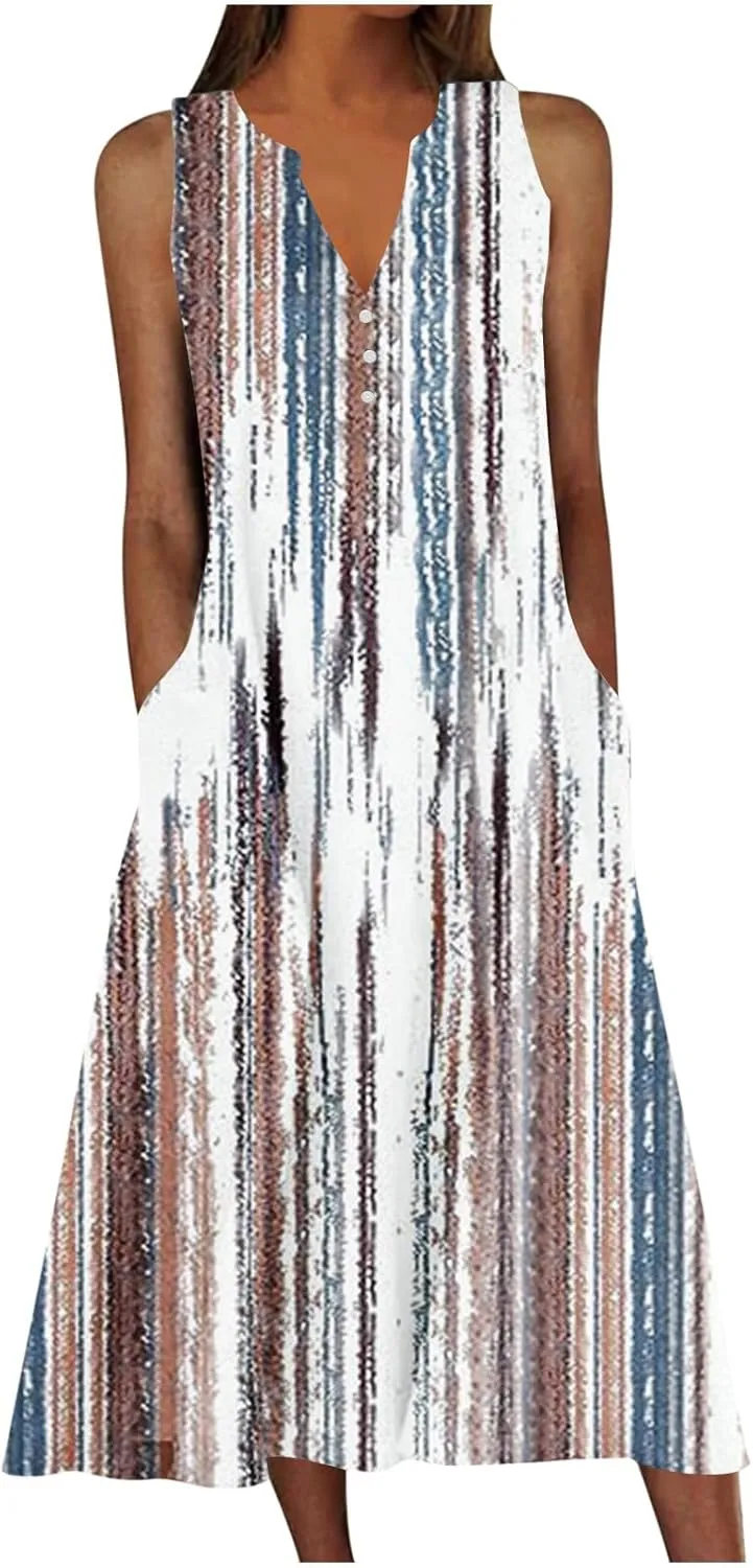Women's Summer Maxi Dress Vintage Floral Print Graphic Long Dresses V Neck Sleeveless Flowy Swing Casual Beach Dress