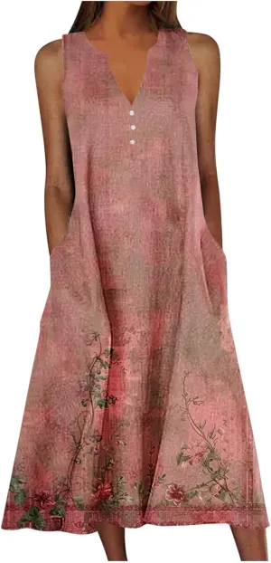 Women's Summer Maxi Dress Vintage Floral Print Graphic Long Dresses V Neck Sleeveless Flowy Swing Casual Beach Dress