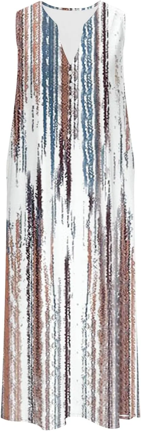 Women's Summer Maxi Dress Vintage Floral Print Graphic Long Dresses V Neck Sleeveless Flowy Swing Casual Beach Dress