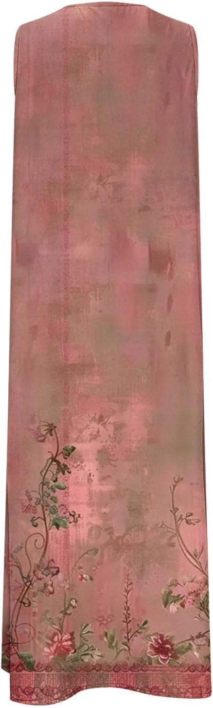 Women's Summer Maxi Dress Vintage Floral Print Graphic Long Dresses V Neck Sleeveless Flowy Swing Casual Beach Dress