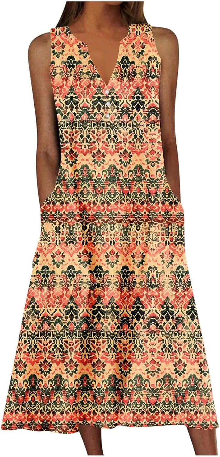 Women's Summer Maxi Dress Vintage Floral Print Graphic Long Dresses V Neck Sleeveless Flowy Swing Casual Beach Dress