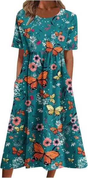 Women's Summer Short Sleeve A-Line Midi Dresses Casual Floral T-Shirt Dress Flowy Beach Sundress with Pockets