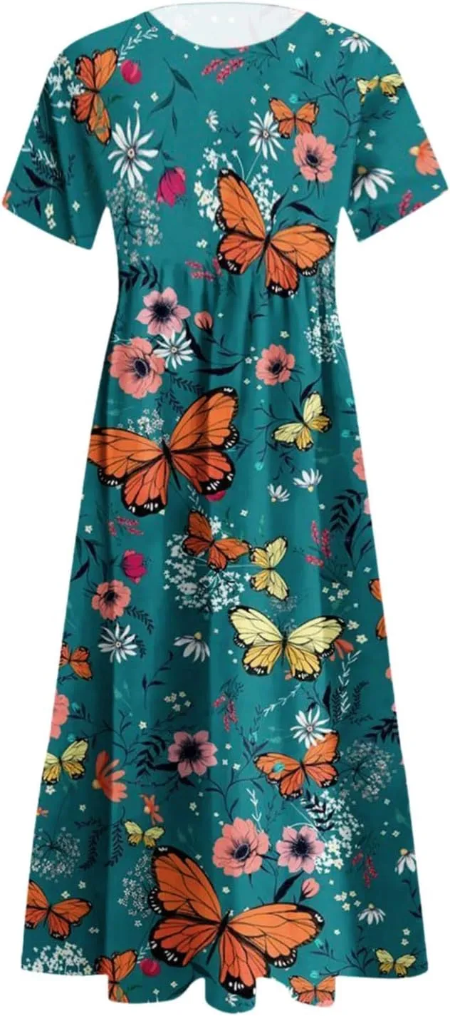 Women's Summer Short Sleeve A-Line Midi Dresses Casual Floral T-Shirt Dress Flowy Beach Sundress with Pockets