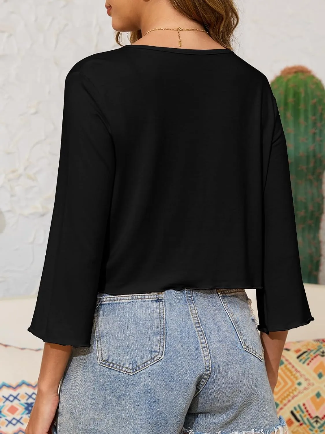 Womens Tie Front Shrug 3/4 Sleeve Bolero Cardigan Sheer Shrug Sweater Knotted Casual Lightweight Short Shawl Tops