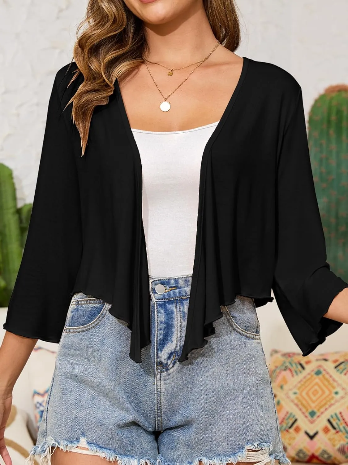 Womens Tie Front Shrug 3/4 Sleeve Bolero Cardigan Sheer Shrug Sweater Knotted Casual Lightweight Short Shawl Tops