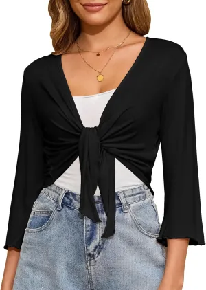 Womens Tie Front Shrug 3/4 Sleeve Bolero Cardigan Sheer Shrug Sweater Knotted Casual Lightweight Short Shawl Tops