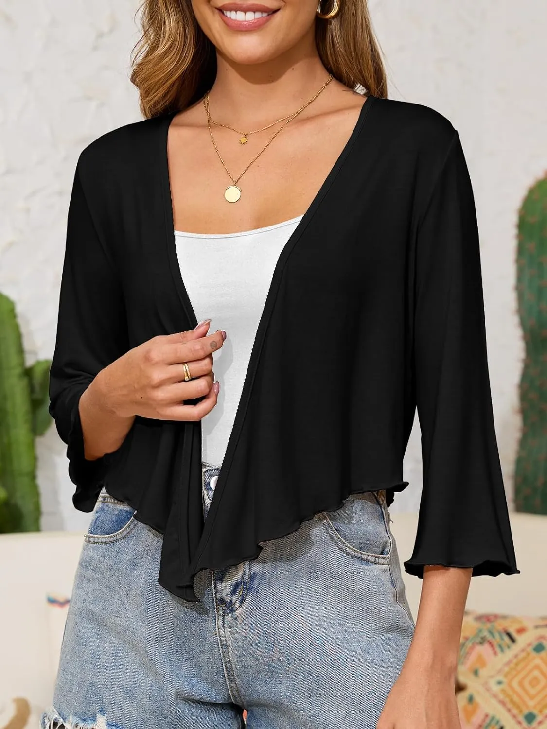 Womens Tie Front Shrug 3/4 Sleeve Bolero Cardigan Sheer Shrug Sweater Knotted Casual Lightweight Short Shawl Tops