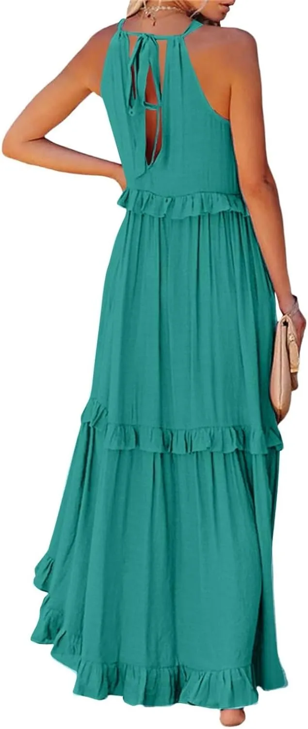 Womens Tiered Dress 2025 Summer Casual Sleeveless Tie Back Pleated Maxi Dress A Line Flowy Long Beach Sun Dresses