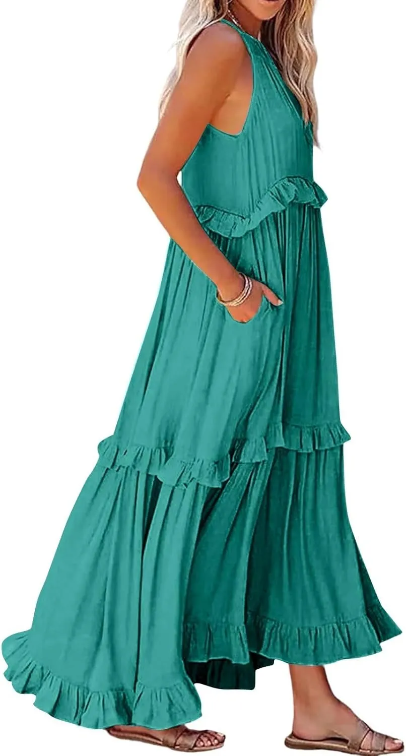 Womens Tiered Dress 2025 Summer Casual Sleeveless Tie Back Pleated Maxi Dress A Line Flowy Long Beach Sun Dresses