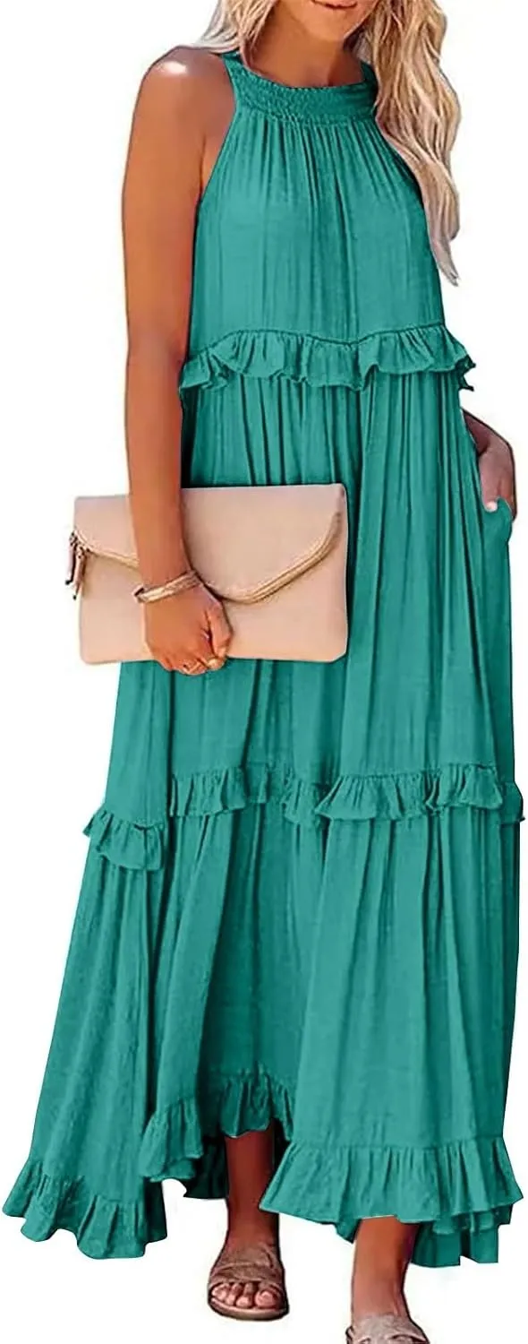 Womens Tiered Dress 2025 Summer Casual Sleeveless Tie Back Pleated Maxi Dress A Line Flowy Long Beach Sun Dresses