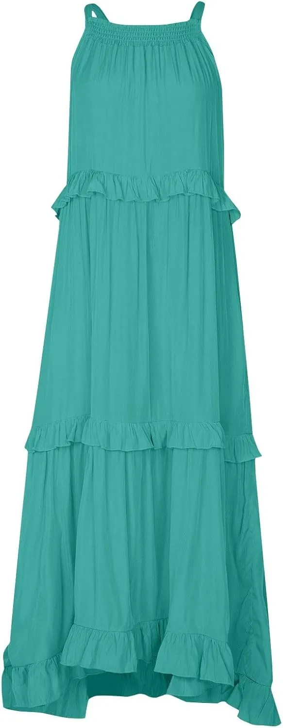 Womens Tiered Dress 2025 Summer Casual Sleeveless Tie Back Pleated Maxi Dress A Line Flowy Long Beach Sun Dresses