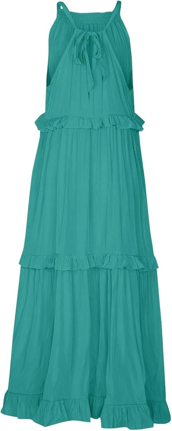 Womens Tiered Dress 2025 Summer Casual Sleeveless Tie Back Pleated Maxi Dress A Line Flowy Long Beach Sun Dresses