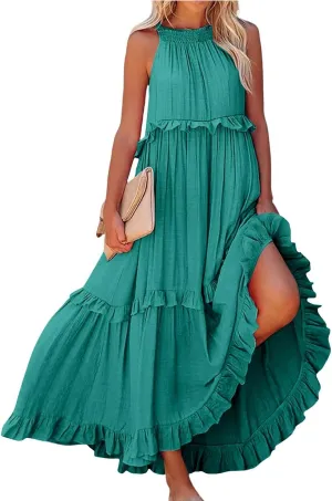 Womens Tiered Dress 2025 Summer Casual Sleeveless Tie Back Pleated Maxi Dress A Line Flowy Long Beach Sun Dresses