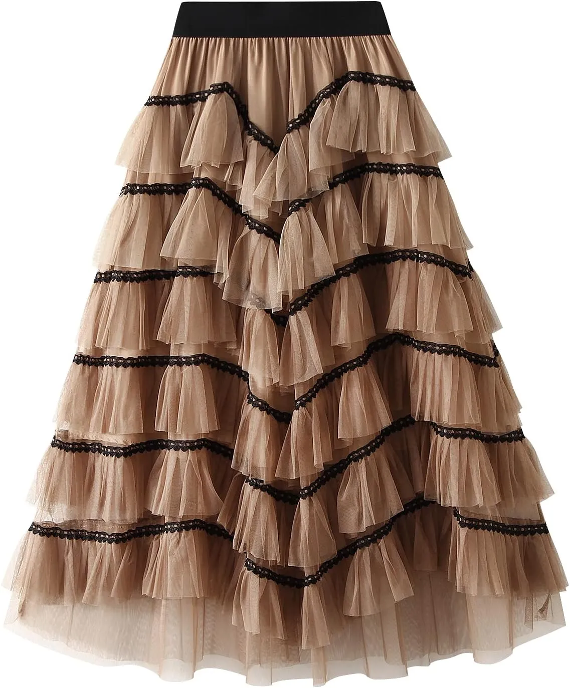 Women's Tulle Skirt Mesh Elastic High Waist Layered Pleated Skirt Floral Print A-Line Midi Party Casual Flowy Tutu Skirt