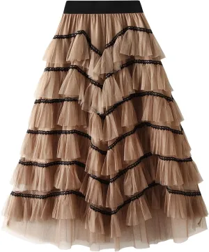 Women's Tulle Skirt Mesh Elastic High Waist Layered Pleated Skirt Floral Print A-Line Midi Party Casual Flowy Tutu Skirt
