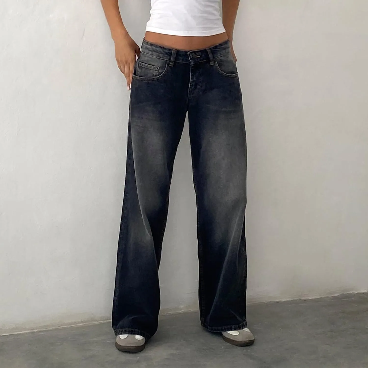Women's Wide Leg Boyfriend Denim Pants - Low Rise Baggy Casual Loose Jeans - Y2K E-Girl Style