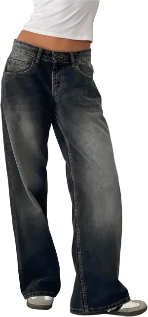 Women's Wide Leg Boyfriend Denim Pants - Low Rise Baggy Casual Loose Jeans - Y2K E-Girl Style