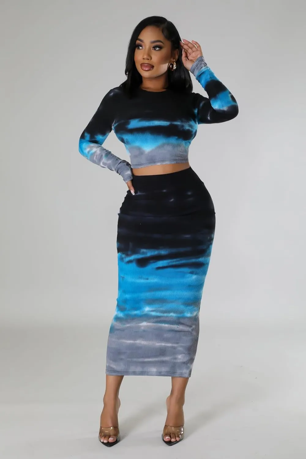 Wuitrie Tie Dye 2 Piece Skirt Sets for Women Long Sleeve Crop Tops Bodycon Wrap Pencil Skirt Vacation Outfits for Women 2025