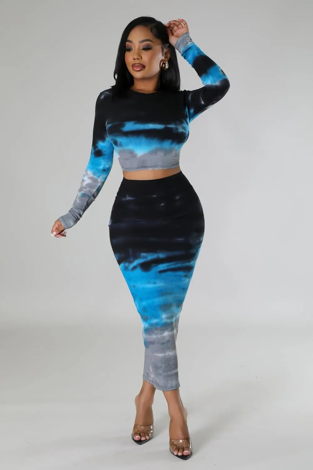 Wuitrie Tie Dye 2 Piece Skirt Sets for Women Long Sleeve Crop Tops Bodycon Wrap Pencil Skirt Vacation Outfits for Women 2025