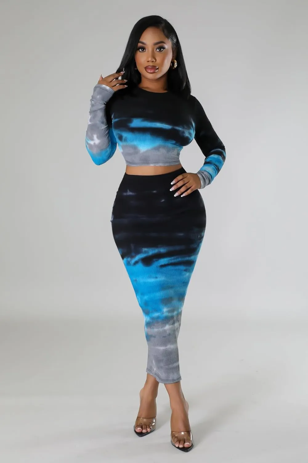 Wuitrie Tie Dye 2 Piece Skirt Sets for Women Long Sleeve Crop Tops Bodycon Wrap Pencil Skirt Vacation Outfits for Women 2025